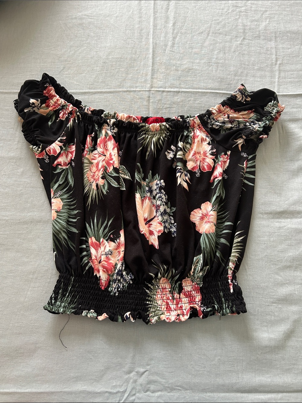 Hot Kiss Black Off-Shoulder Floral Crop Top